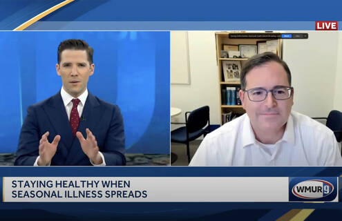 An image of WMUR’s Steve Bottari interviewing Dartmouth Hitchcock Medical Center Chief Quality Officer Michael S. Calderwood, MD, MPH