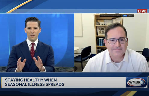 An image of WMUR’s Steve Bottari interviewing Dartmouth Hitchcock Medical Center Chief Quality Officer Michael S. Calderwood, MD, MPH